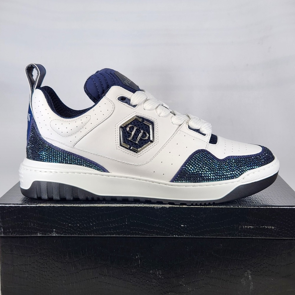 Size 9 (EU 43) - Philipp Plein Mix Leather Lo-Top Sneakers Crystal - White Blue